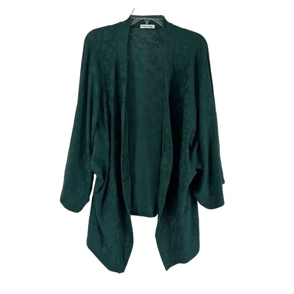 Green Animal Print Cardigan Size 1X Wide Sleeve Open Front Cream N Sugar Brand